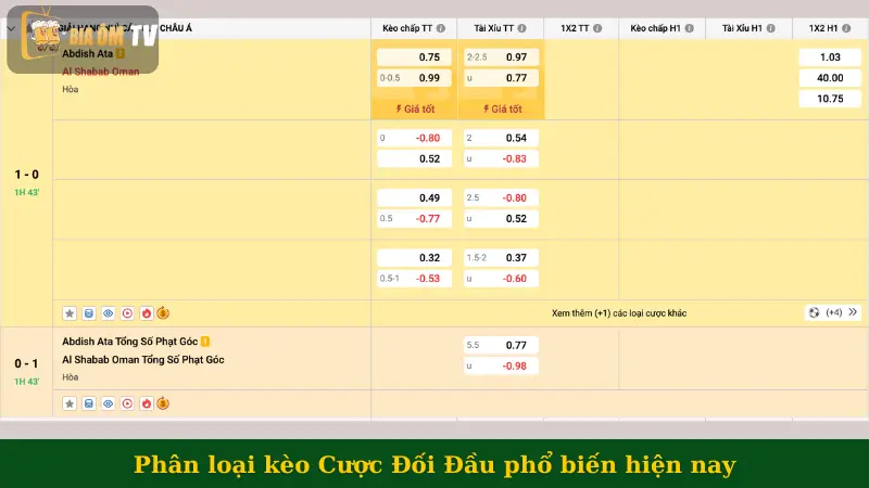 Phân loại kèo Cược Đối Đầu phổ biến hiện nay